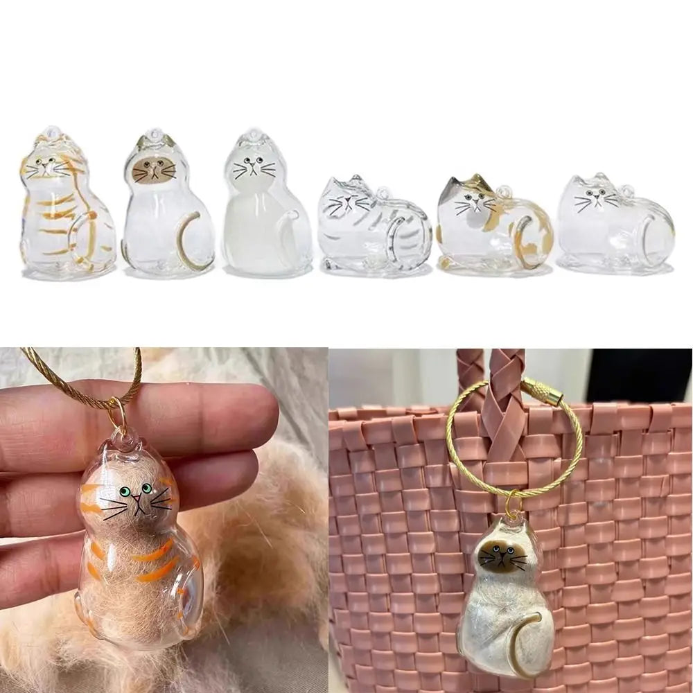 Transparent Container Small Ornaments Cat Fur Storage Pendant Cute Cat Shaped Handmade Design Stylish Keychain DIY Accessories