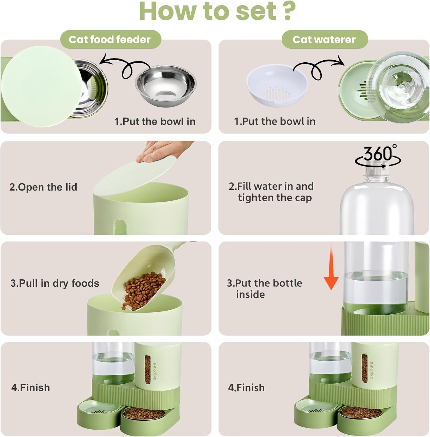 Automatic Cat Feeder Stainless Steel Water Dispenser Gravity Food Feeder and Waterer Set with Pet Food Bowl for Small Medium Kitten Puppy Pets Large Capacity(Green)
