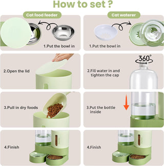 Automatic Cat Feeder Stainless Steel Water Dispenser Gravity Food Feeder and Waterer Set with Pet Food Bowl for Small Medium Kitten Puppy Pets Large Capacity(Green)