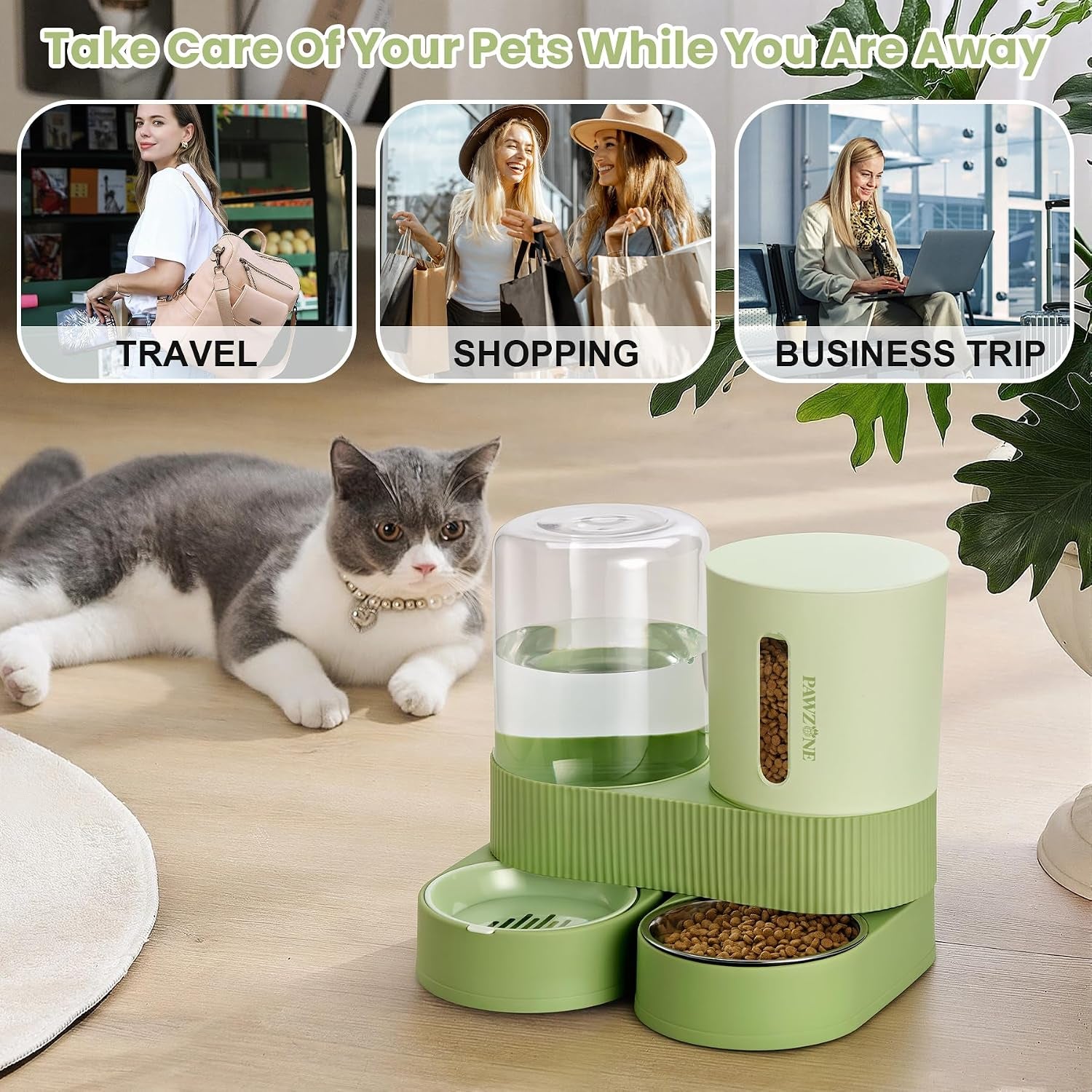 Automatic Cat Feeder Stainless Steel Water Dispenser Gravity Food Feeder and Waterer Set with Pet Food Bowl for Small Medium Kitten Puppy Pets Large Capacity(Green)