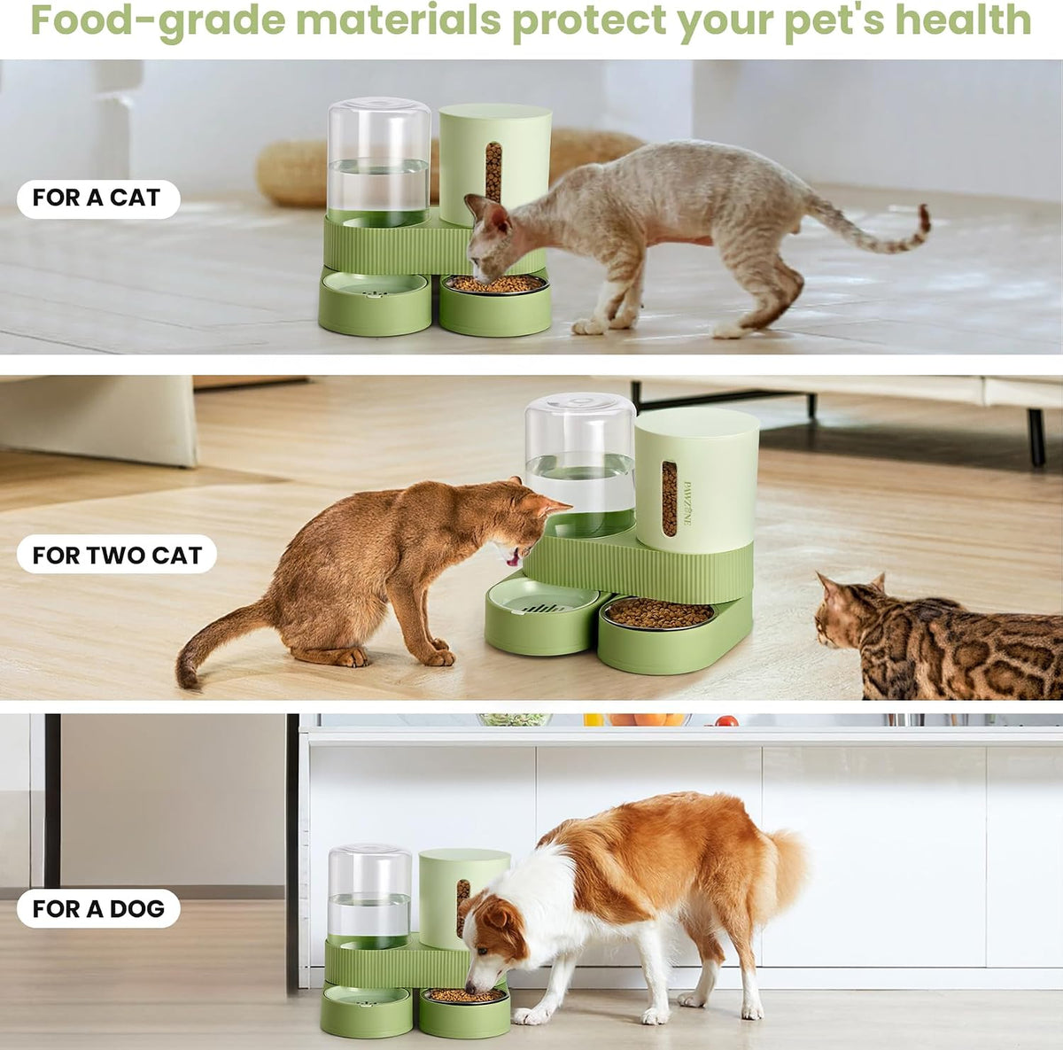 Automatic Cat Feeder Stainless Steel Water Dispenser Gravity Food Feeder and Waterer Set with Pet Food Bowl for Small Medium Kitten Puppy Pets Large Capacity(Green)