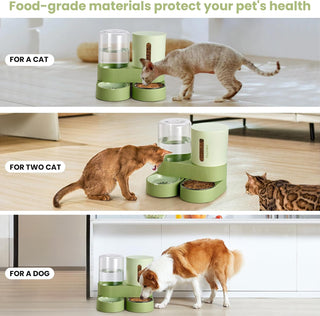 Automatic Cat Feeder Stainless Steel Water Dispenser Gravity Food Feeder and Waterer Set with Pet Food Bowl for Small Medium Kitten Puppy Pets Large Capacity(Green)